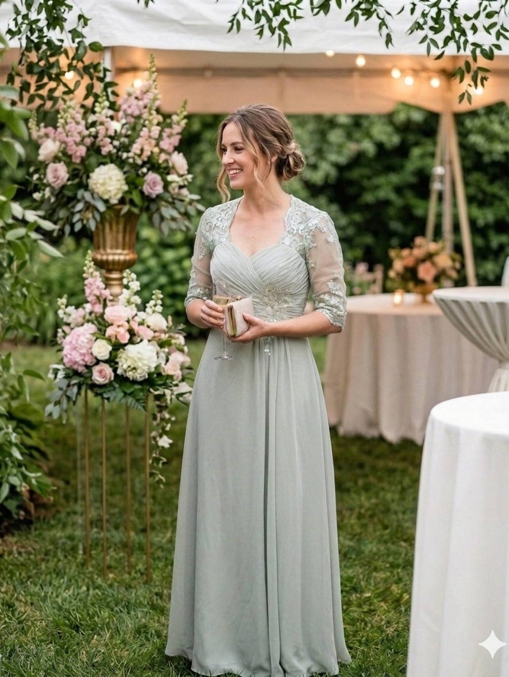 Chiffon Maxi Evening Dress in Sage Green with Lace Bolero